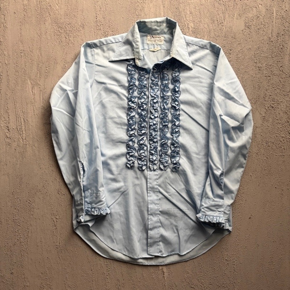 Vintage Arrow Formal Wear Button Up Shirt 15.5 Blue 1970s Ruffle